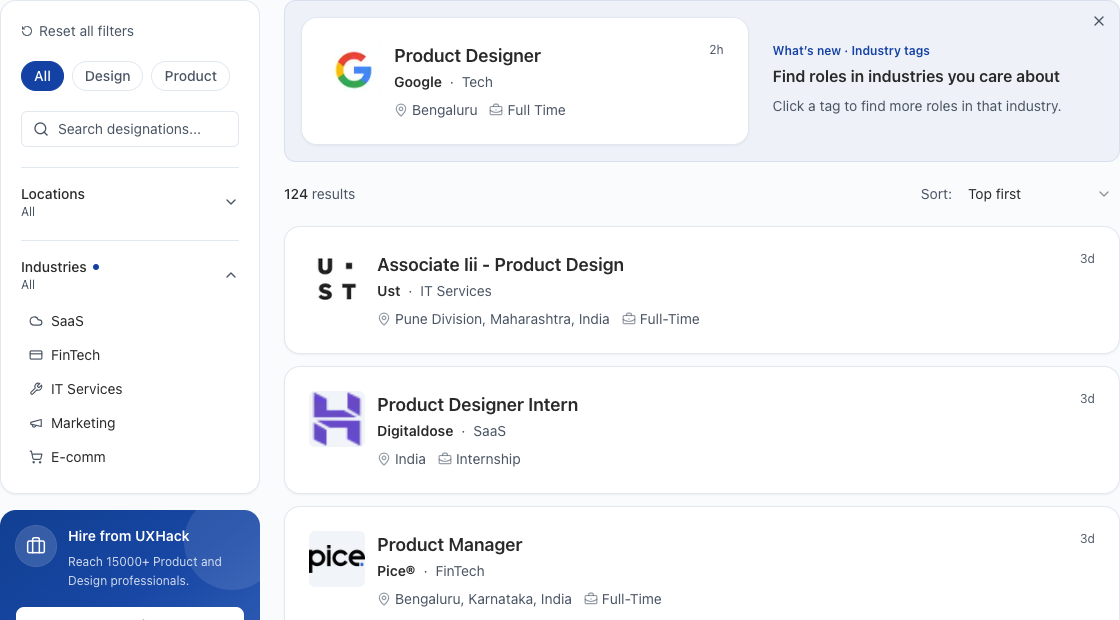  Industry tags beside company names on UXHack job cards. 